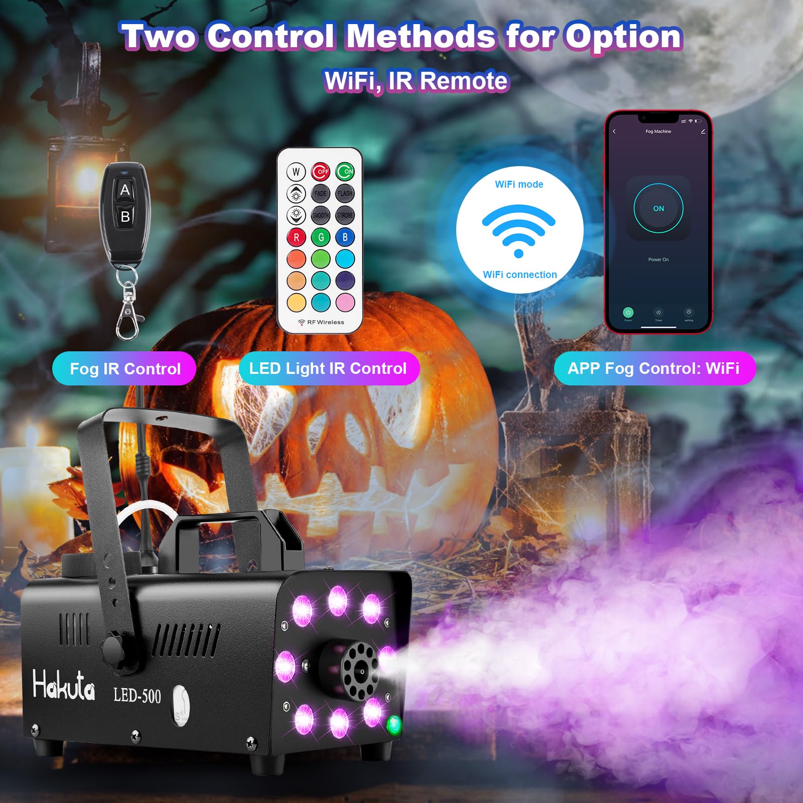 Hakuta Machine à fumée Contrôl par App, Machine à fumée avec 13 lumières LED colorées, puissance de 2000CFM avec 2 télécommandes sans fil, parfait pour mariage, Halloween et spectacles