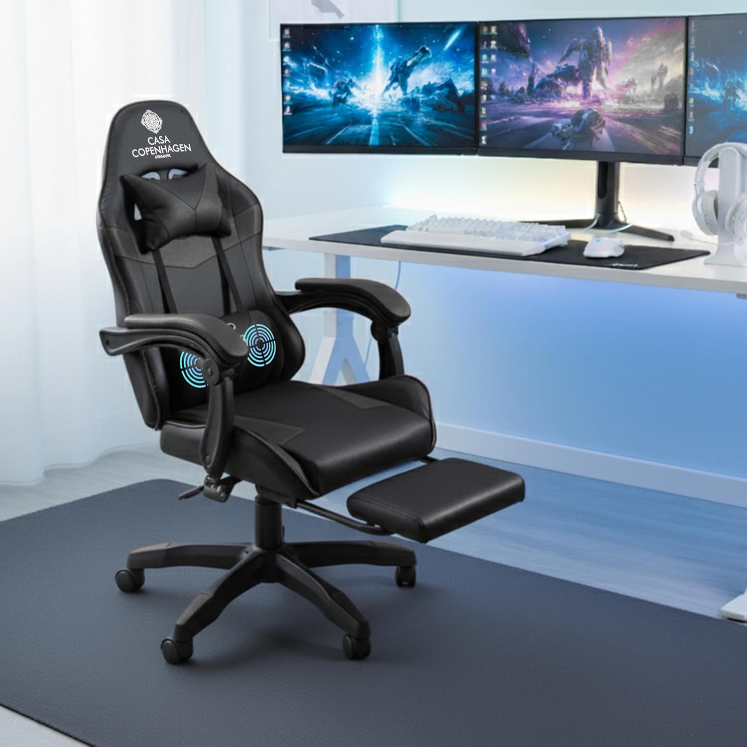 Casa Copenhagen Designed in Denmark,High-Back Italian Leather Gaming Ergonomic Chair with Advanced Mechanism & Electric Back Massager, Memory Foam Seating & Multi Function Arm-Rest – Black & Black