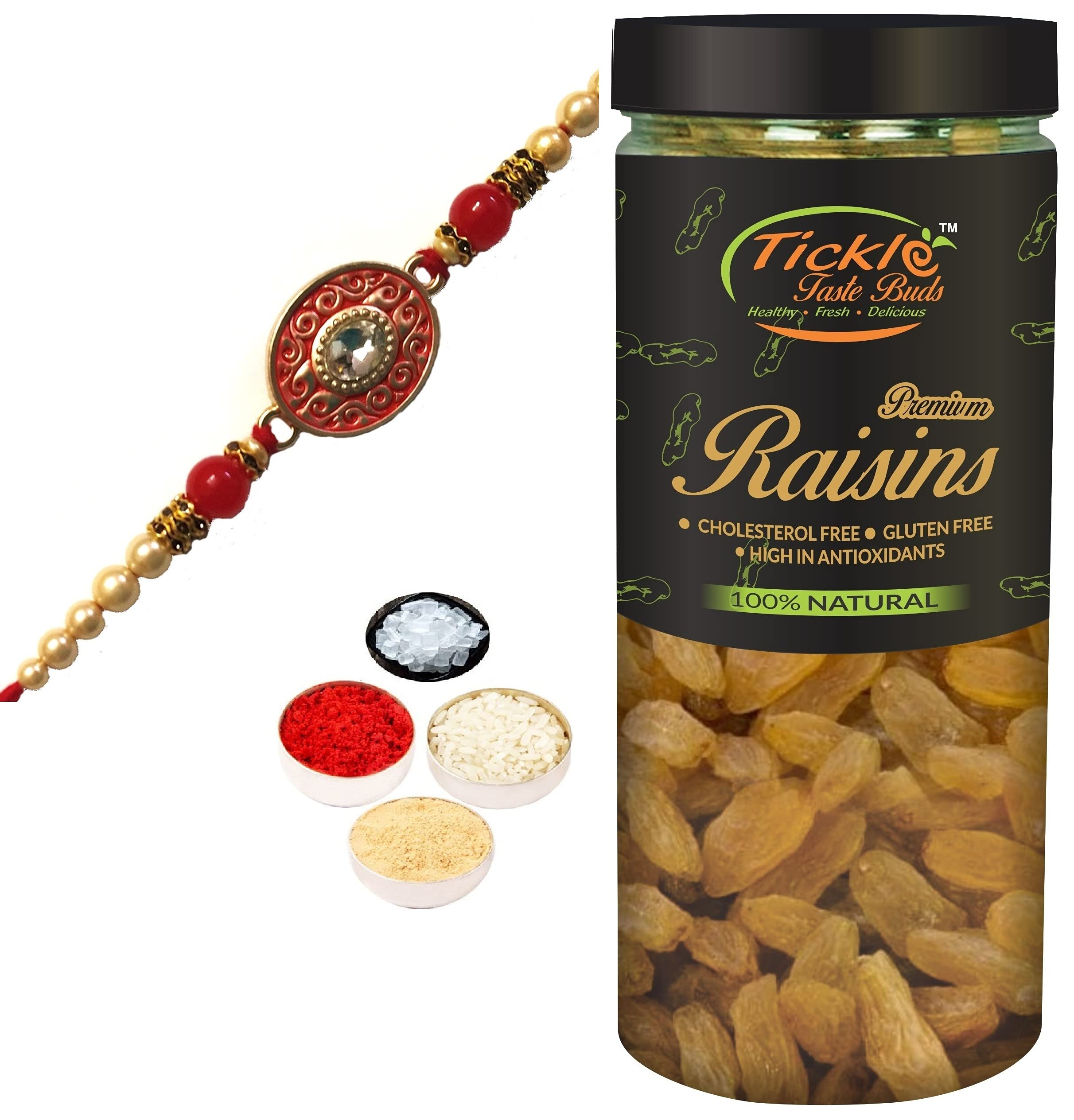 Designer Trendy Rakhi for Brother Gift Combo with Kishmish Jar 250gms & Personal Message, Roli Tikka Chandan Chawal Mishri Special Pack for Bhai Bhaiya-image-23