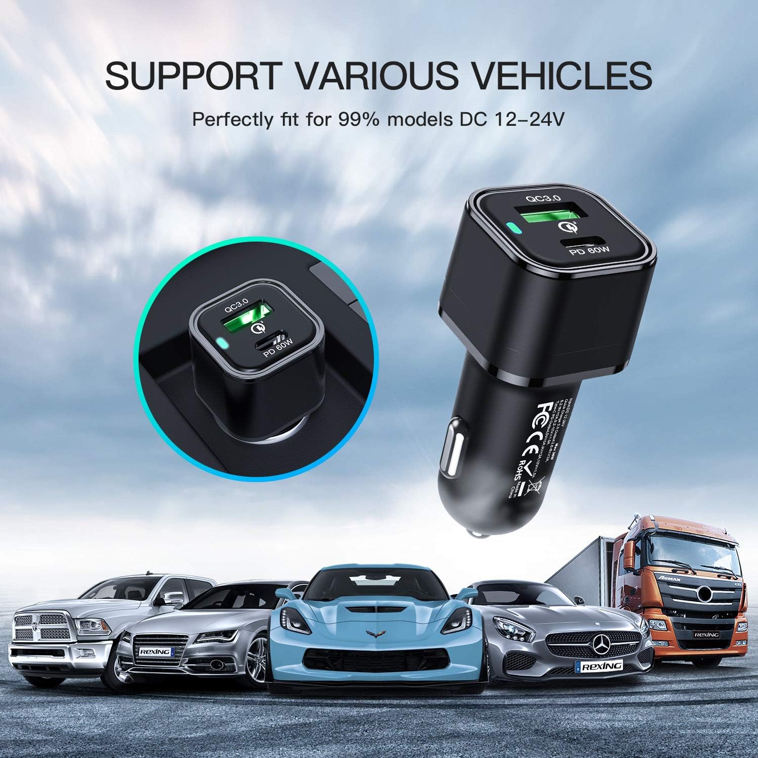 REXING JETSPEED Black 78W PowerDrive+ USB-C Car Charger, 2 Port QC3.0/PD3.0 for Dashcam/Android/iPhone/iPad/MacBook/Windows Fast Charge Dual Cigarette Lighter Adapter