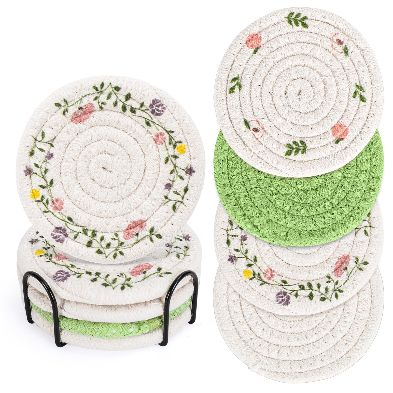 WhalineDrink Coasters Set with Holder Floral Handmade Braided Cotton Coasters Green White Non-Slip Absorbent Drink Coasters for Spring Table Birthday Housewarming Gifts Cup Kitchen Home Decor, 4Pcs