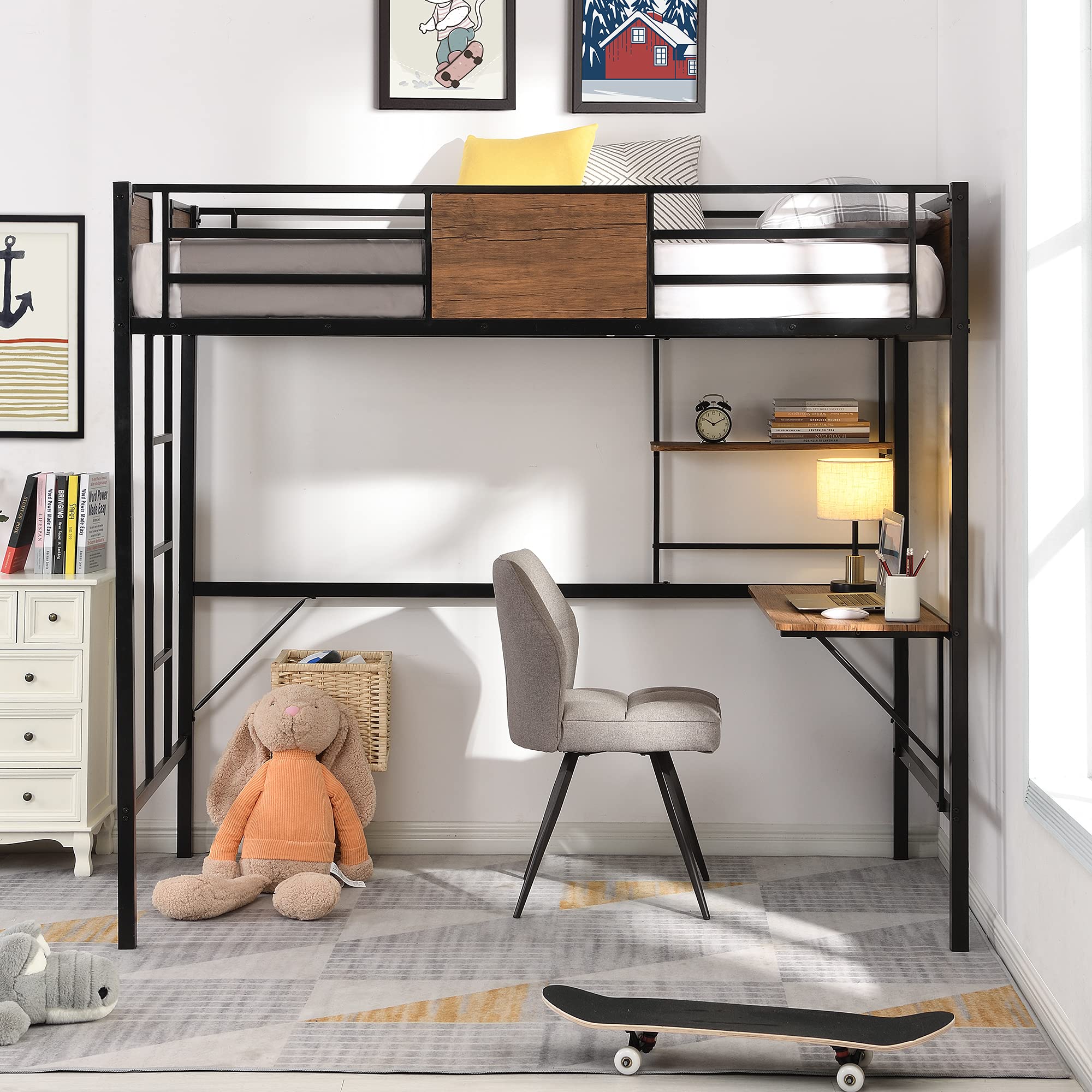 Buy Loft Bed with Storage Shelves,Twin Size Bed Frame,Bed Frame Loft Bed for Dorm and Home,Teens