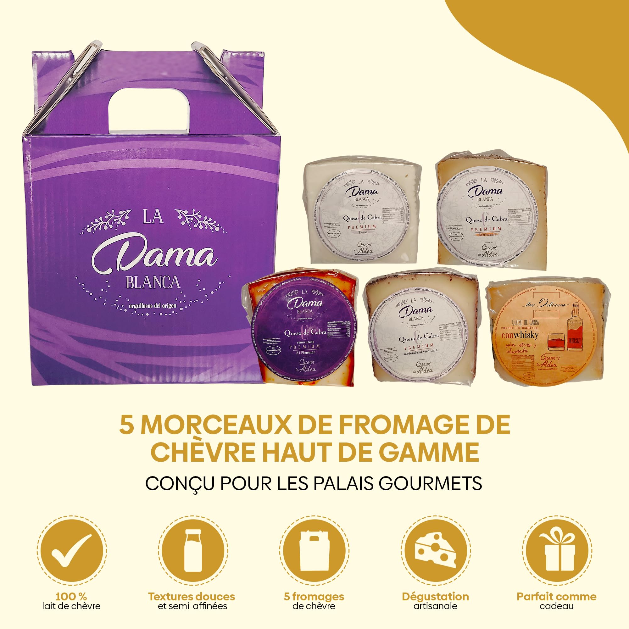 QUESOS LA ALDEA | Coffret Cadeau Gourmand – 5 Portions de Fromage de Chèvre Premium : Tendre, Mi-Affiné, au Vin Rouge, au Whisky et au Piment | Panier Garni à Offrir, Panier de Noël Gourmet