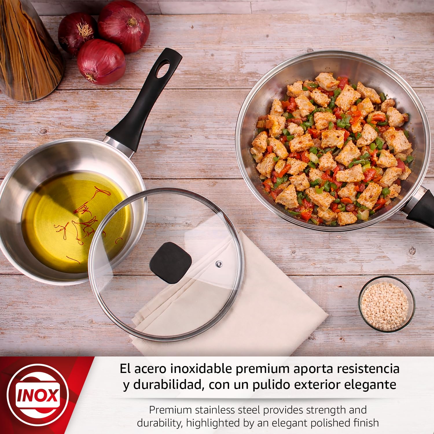Magefesa Sante - Juego de Sartenes 20 + 26 cm + 2 Tapas de Cristal Termo Resistente, Acero Inoxidable, Sin Antiadherente, Compatible con Inducción — view 2