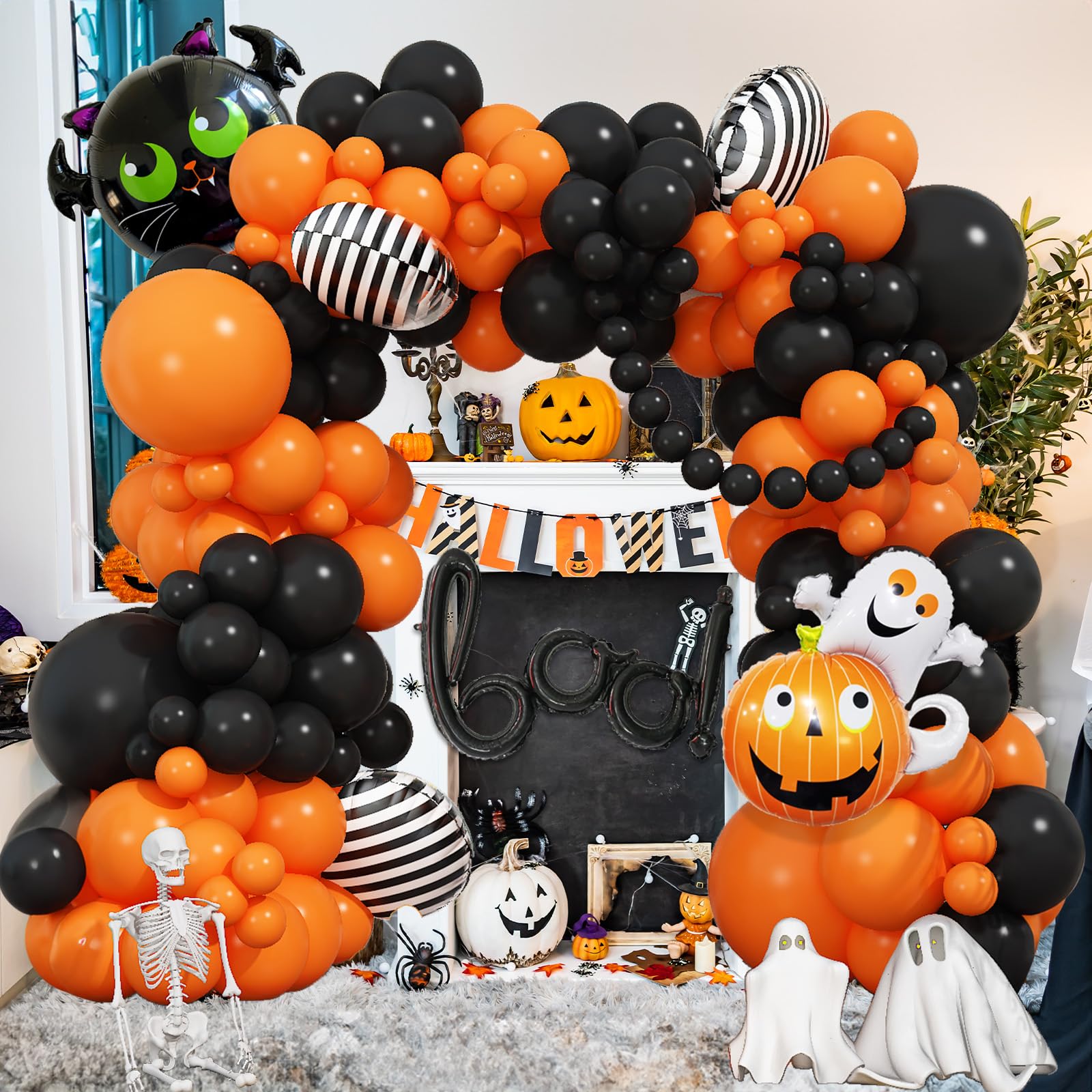 Halloween Party Deko Luftballon Girlande mit boo, Orange Schwarz Ballons Girlande mit Kürbis Geister Fledermaus für Halloween Geburtstag Süßes oder Saures Party Innen und Außen Dekoration