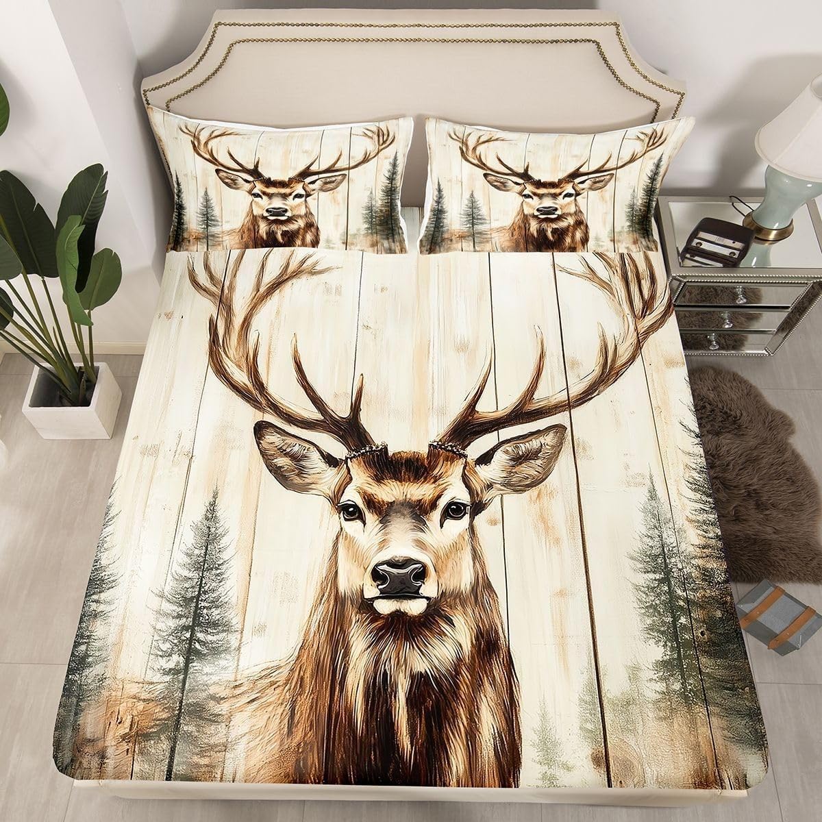 Deer Double Fitted Sheet Forest Bed Sheets Deep Pocket 12 inch (30 cm) Soft Cozy 3 Piece Microfibre Bed Sheet 135x190 cm with 2 Pillowcases 50x75 cm