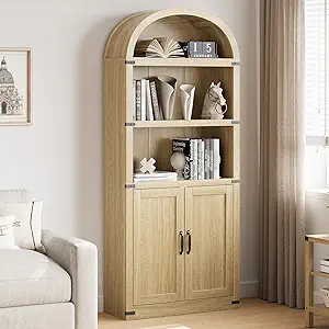 GarveeHome Bookcase with Doors Arched Bookshelf 71.65in Tall Bookcase Farmhouse Cabinet with Shelves Wooden Bookshelves for Home Office, Living Room (Light Oak)