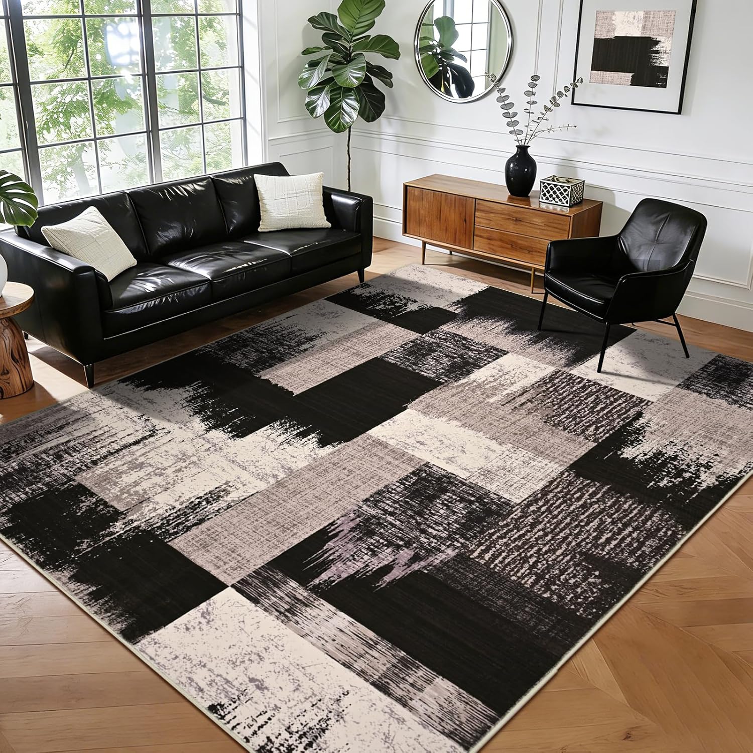 Yinhua Modern Geometric 5x8 Area Rug, Patchwork Brown Rugs for Living Room Washable Abstract Area Rug Non Slip, Low Pile Bedroom Rugs Stain Resistant, Mid Century Carpet for Dining Room, Office