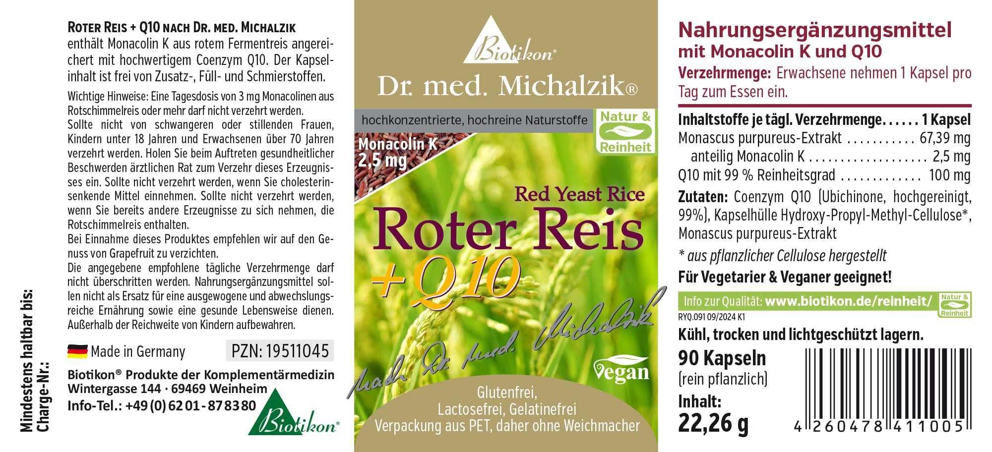 Roter Reis + Q10 Dr. med. Michalzik - Fermentierter roter Reis mit Q10 - Monascus purpueus Extrakt [67,39 mg] | Coenzym Q10 [100 mg] - ohne Zusatzstoffe - von Biotikon®