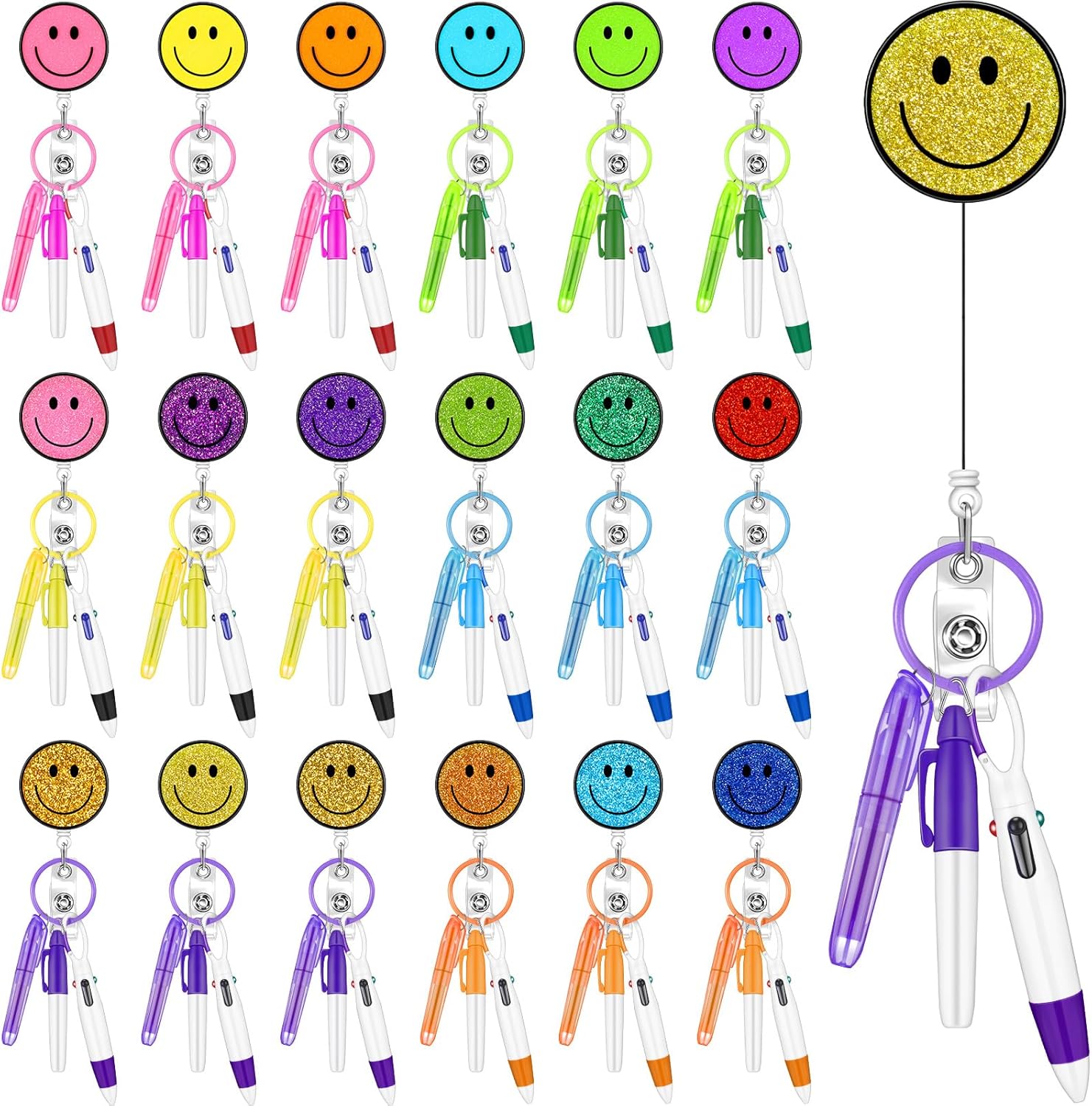 Lincia 90 Pcs Nurse Badge Accessories, Nurse Pen Set Include Retractable Badge Reel Clips, Ballpoint Pens, Markers, Highlighters, Keychains, Medical Staff Appreciation Gifts, 18 Sets(Smile Face)