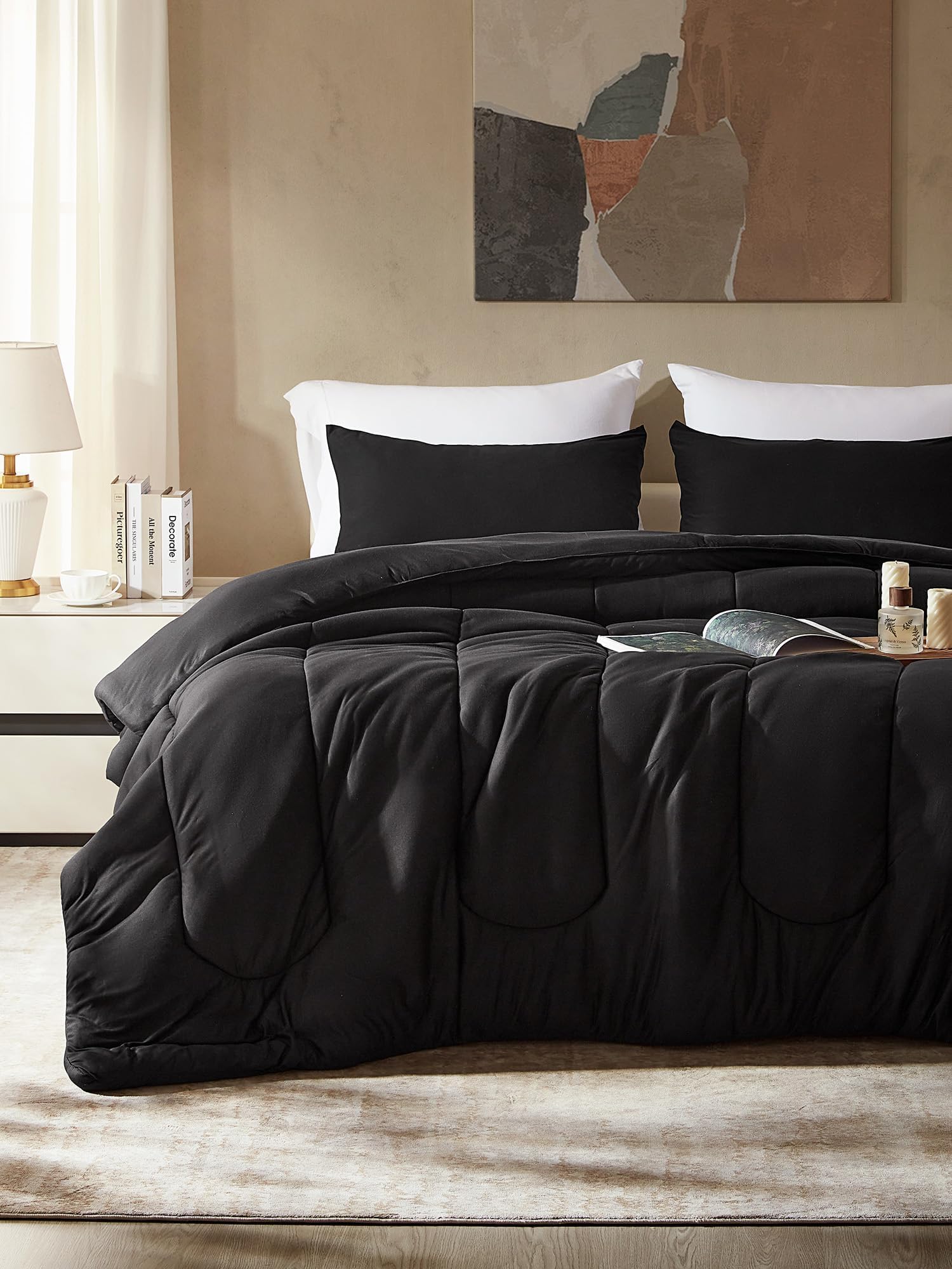 SLEEP ZONE Twin/Twin XL Size Comforter Set, Breathable Jersey Knit Soft Duvet Insert Set 2 Pieces Bedding Sets for Bedroom All Season, Black