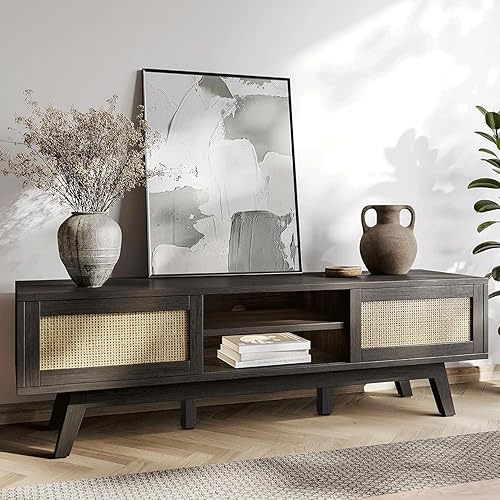 Buytime Consola de TV de madera moderna de mediados de siglo de 59 pulgadas, soporte de TV bohemio para TV de 556065 pulgadas, consola multimedia de