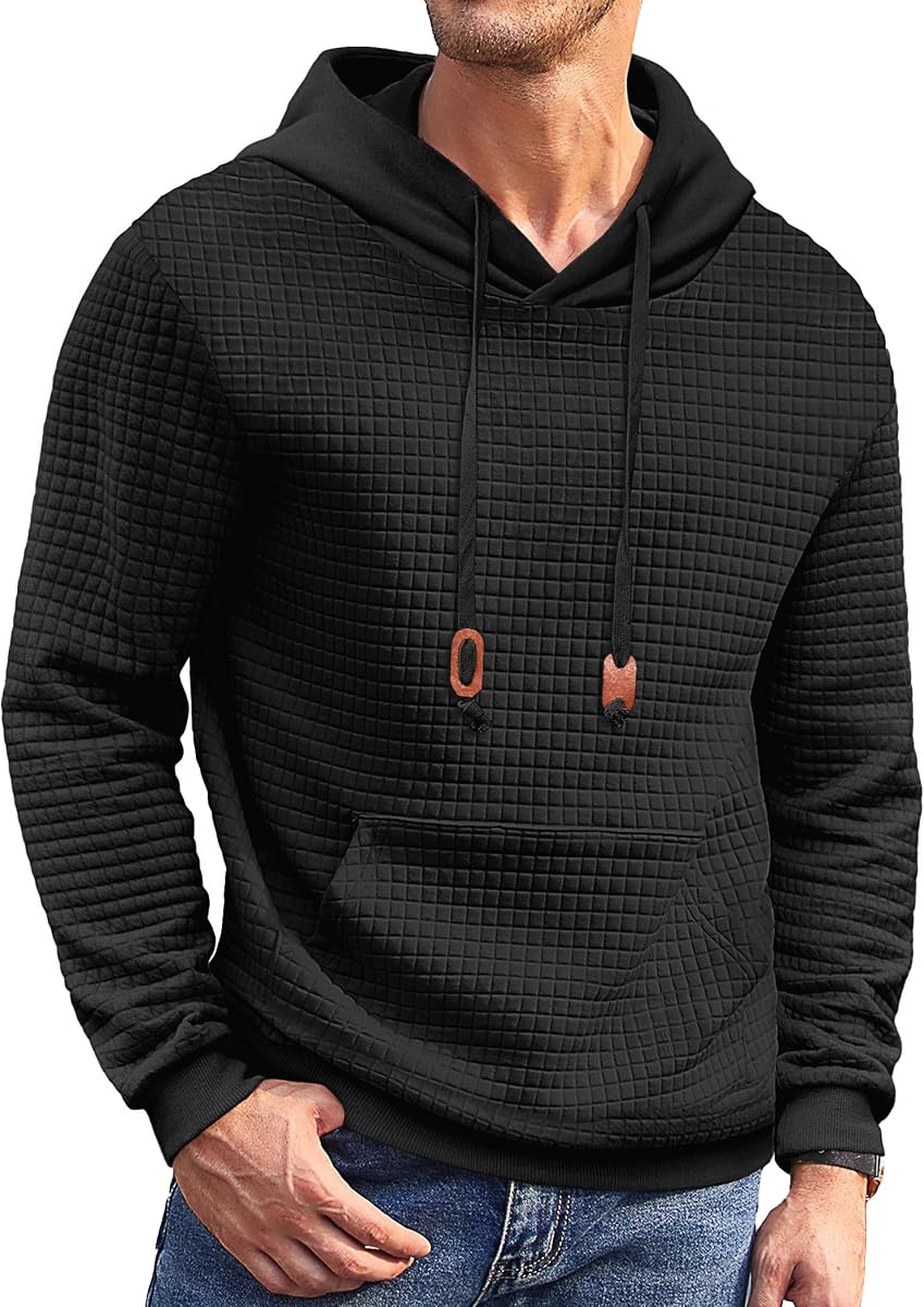 Mens Hoodies Sweatshirts Long Sleeve Fashion Waffle Knit Pullover Hoodie with Pocket