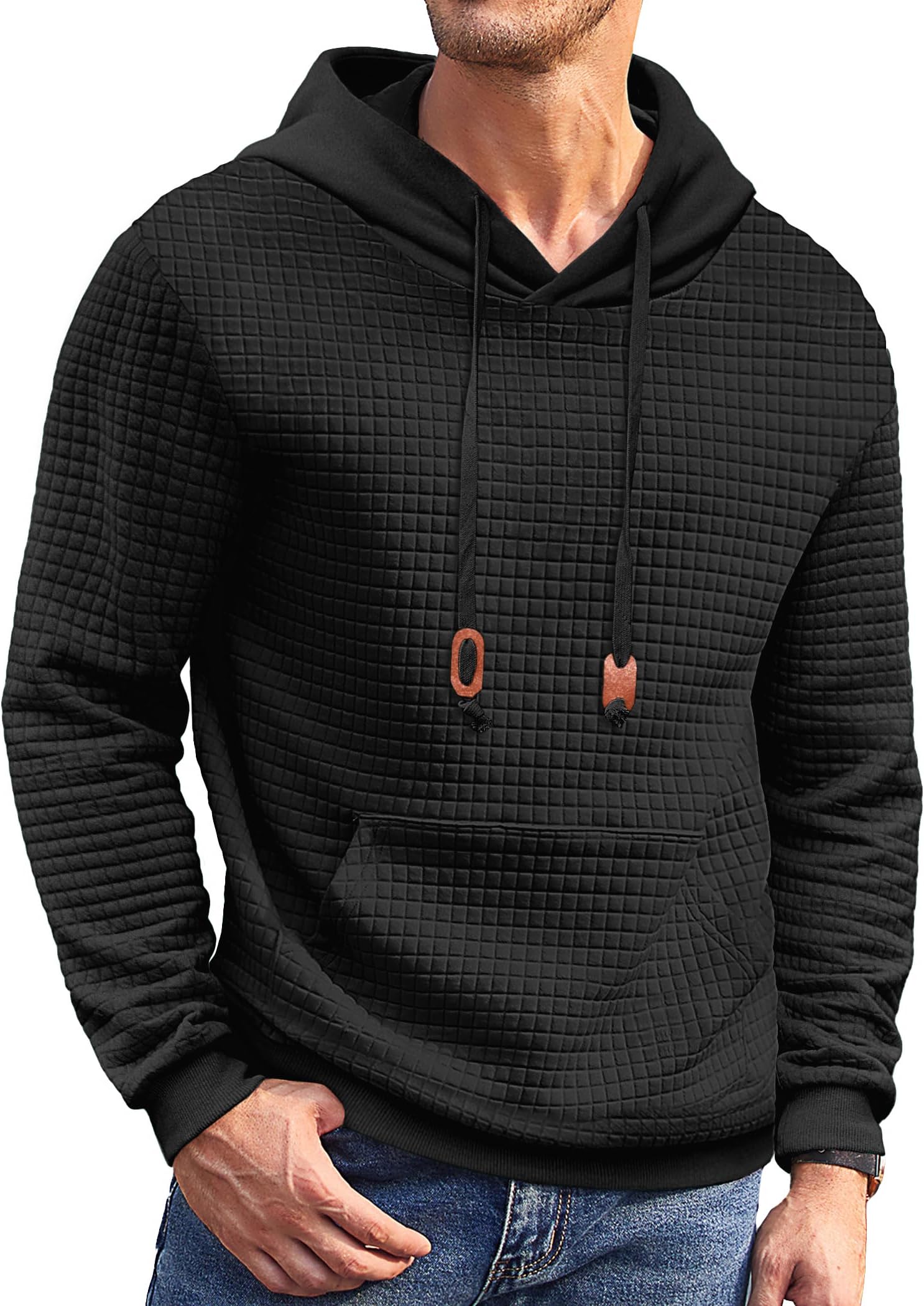 Mens Hoodies Sweatshirts Long Sleeve Fashion Waffle Knit Pullover Hoodie with Pocket