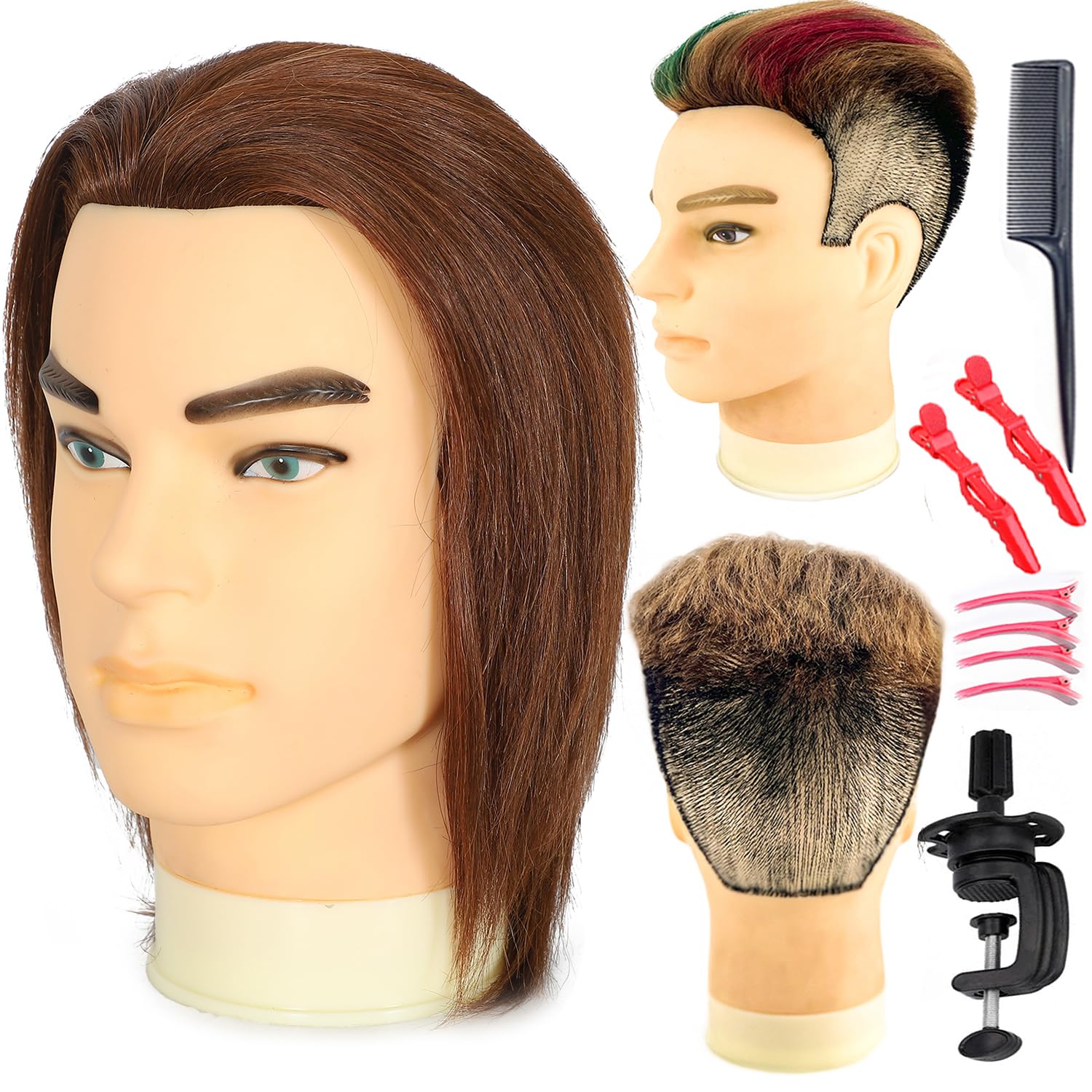 Male mannequin Head 12"Barber Training Head with 100% Real Human Hair,Hairdresser training Doll manikin Head for Practicing Haircut Hair Styling With Clamp Stand