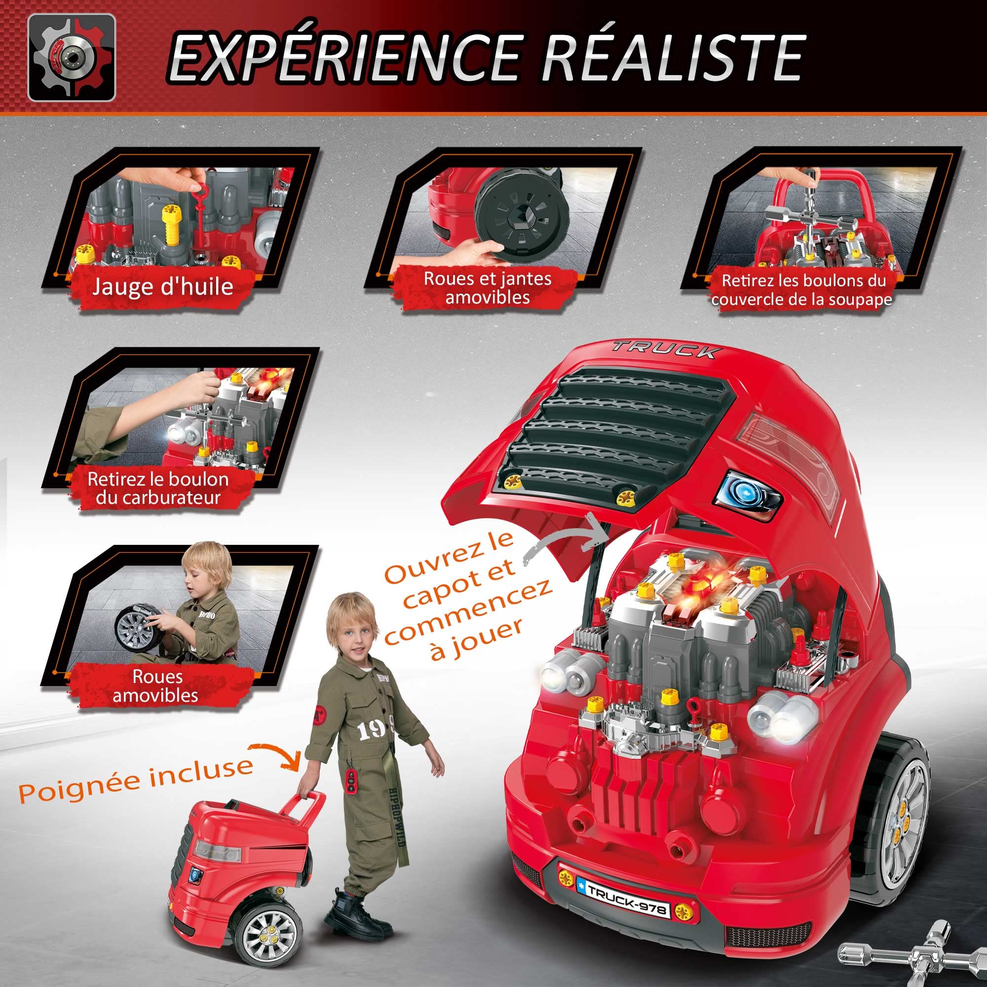 HOMCOM Camion mécano 2 en 1 Jouet Bricolage Enfant Établi Enfant Jeu d'imitation mécanicien 61 pièces Effets sonores Lumineux PP ABS Rouge