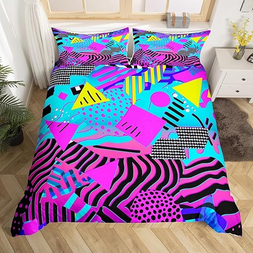 Miniatura 36 de Juego de funda de edredón estilo Memphis, tamaño matrimonial, diseño abstracto colorido con puntos funky para niños y niñas, funda de edredón