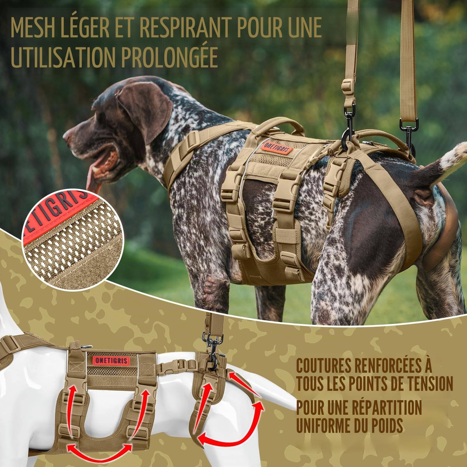 OneTigris Harnais pour chien, SKYEWALKER Support réglable avec 2 poignées pour le soutien et la rééducation, adapté pour les chiens de taille moyenne et grande, marron, XL