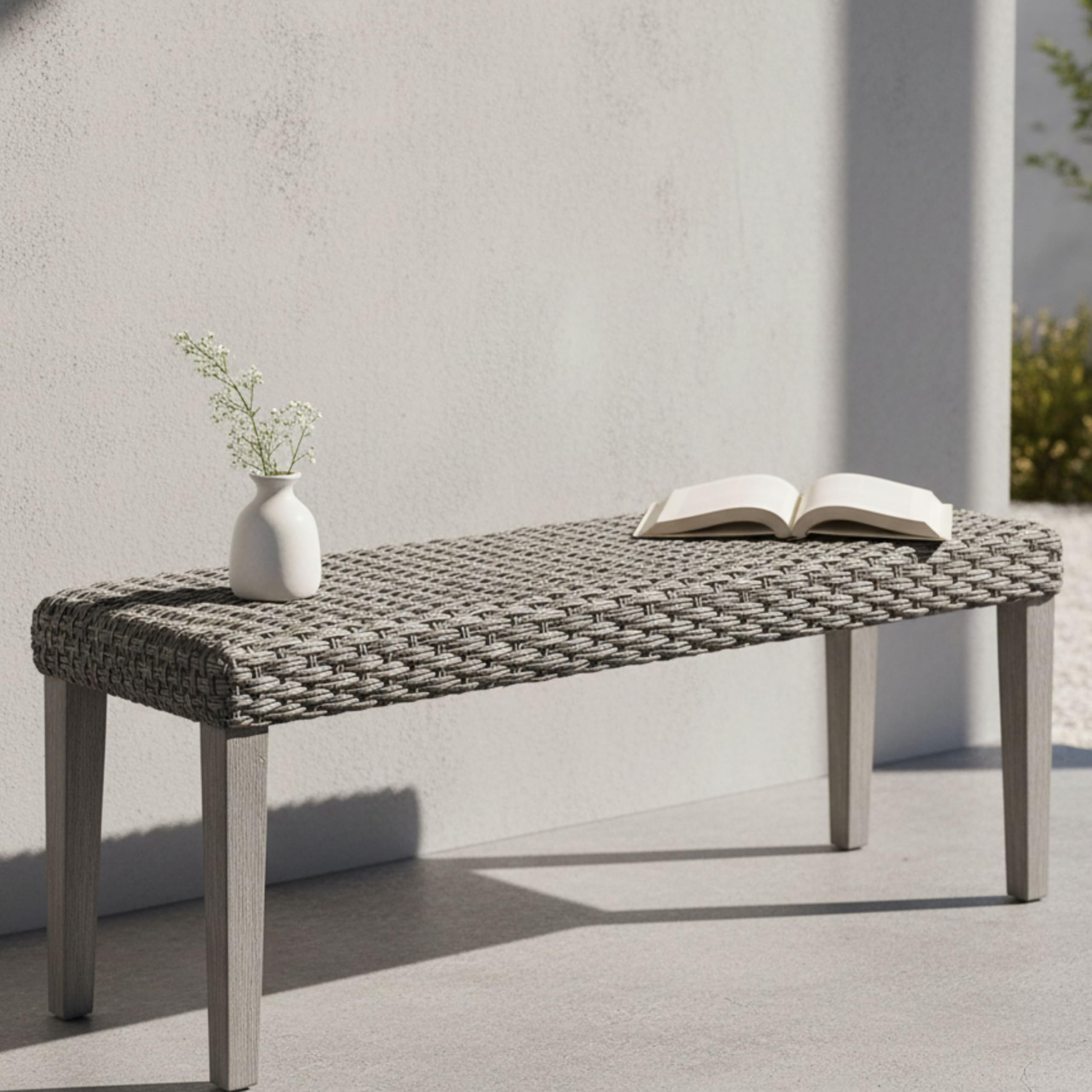Outdoor Rattan Backless Bench with PE Wicker &amp; Acacia Wood Frame, Grey