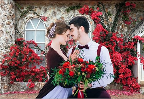 Miniatura 10 de Baocicco Telón de fondo romántico de flores rojas de 20 x 10 pies, estilo italiano, ventanas, casa, piedra, pared, fondo de fotografía de vid verde,