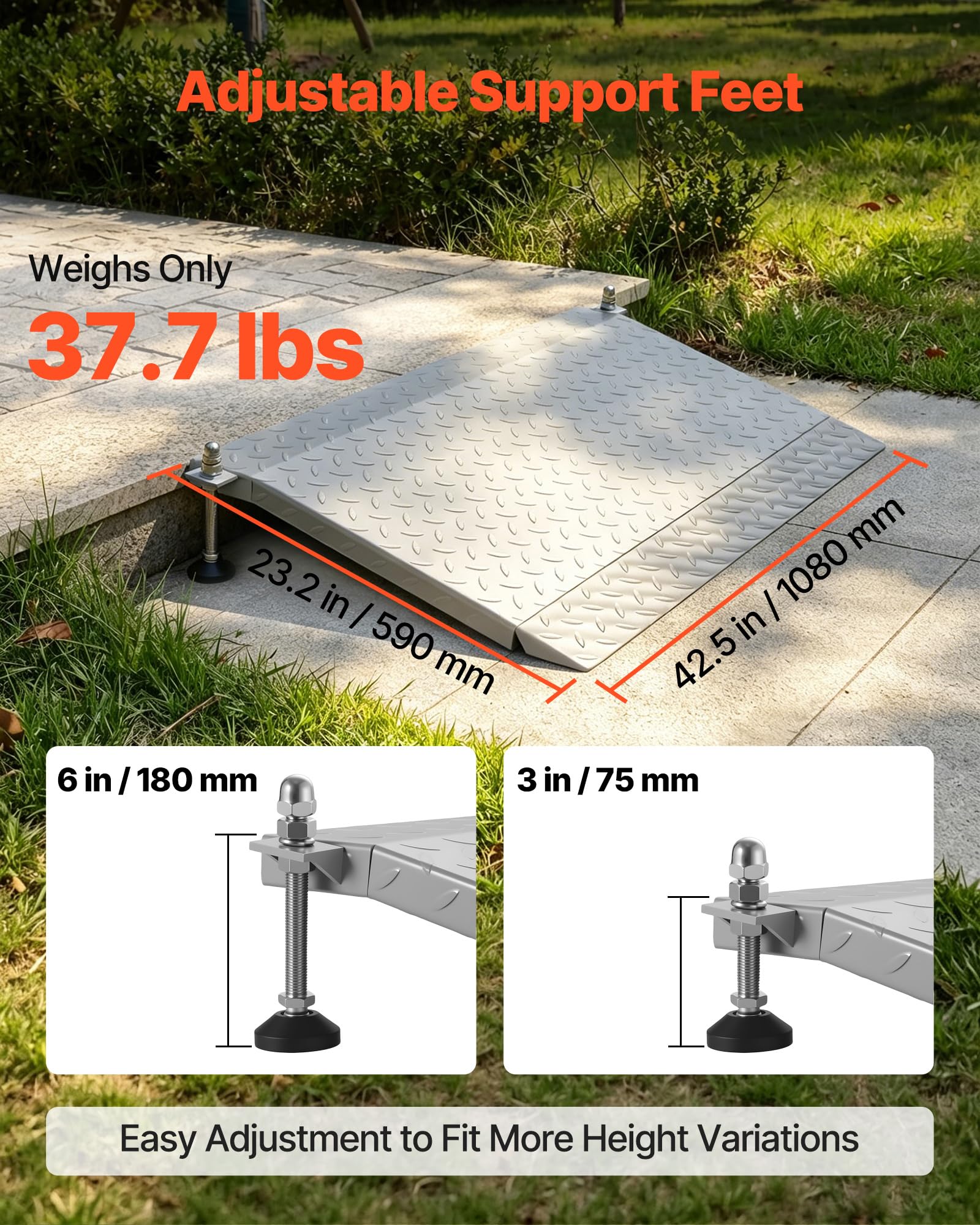 VEVOR Rampa para Silla de Ruedas de Acero al Carbono1080 x 590 mm, Rampa de Umbral Antideslizante, Plataforma Capacidad de Carga 453,6 kg para Garajes, Carretillas, Puertas, Scooters y Escalones