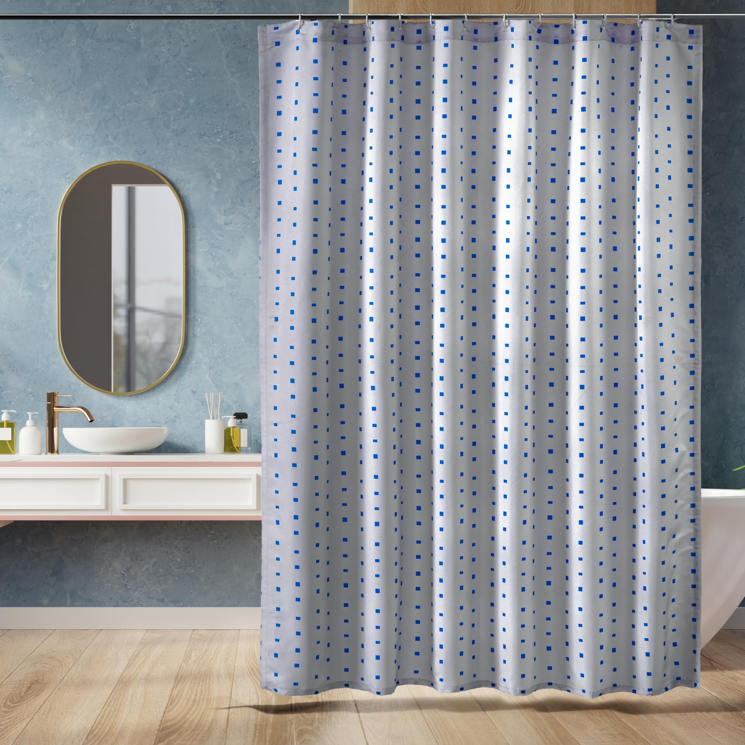 amazon basics Polyester Squares Shower Curtain with Hooks - 72 x 72 inch, Blue(Washable)