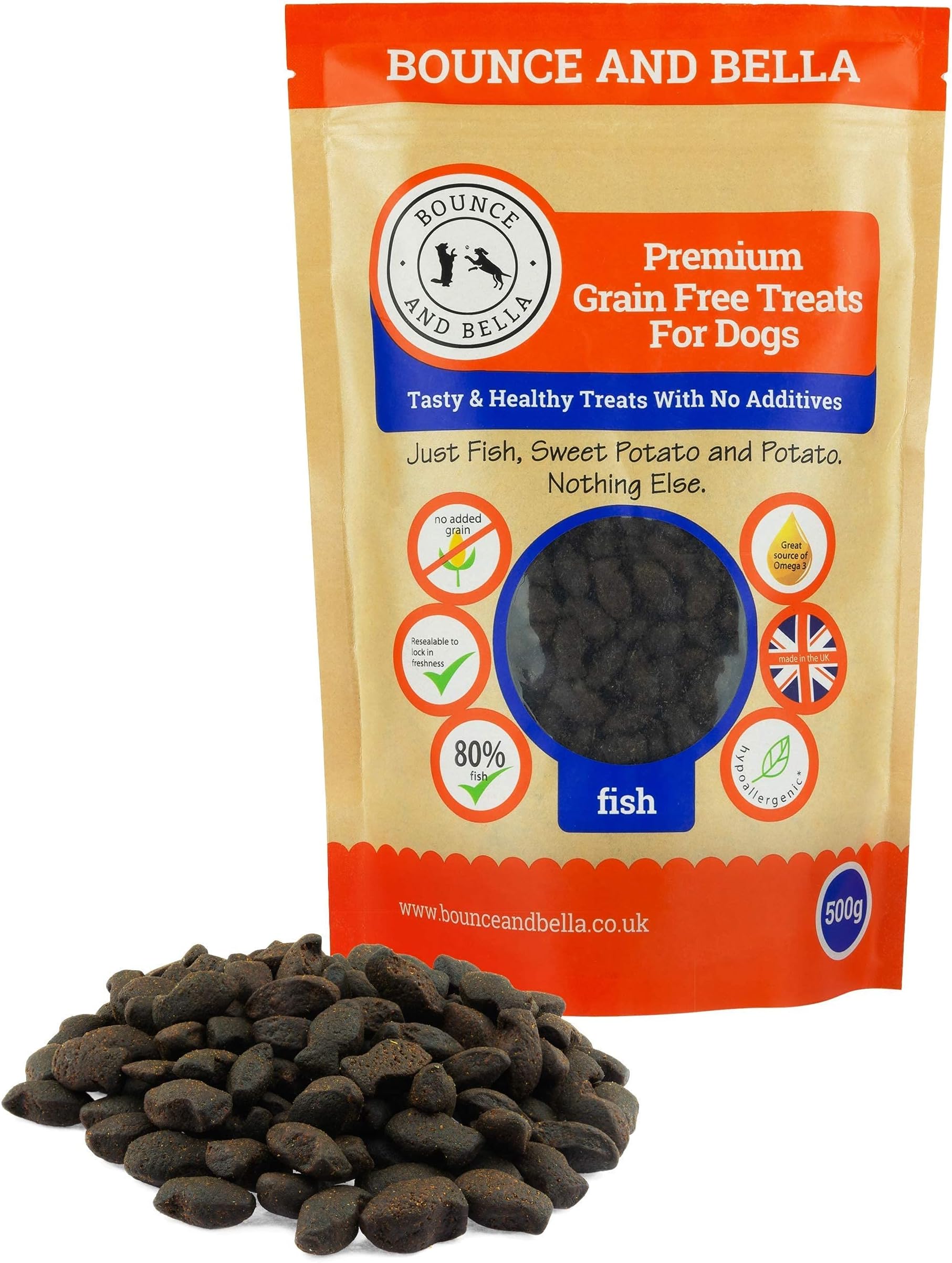 Bounce and Bella Grain Free Dog Training Treats - 1000 Treats - 80% Steamed Fish, 20% Potato & Sweet Potato - Hypoallergenic with Omega-3 and Vitamins for Healthy Dogs (5 Pack)