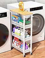 OKZEST 4-Tier Slim Rolling Storage Cart with Wood Top - 7.1" Narrow Utility Organizer for Kitchen, Laundry, Bathroom