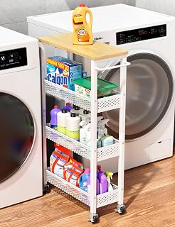 OKZEST 4-Tier Slim Rolling Storage Cart with Wood Top - 7.1" Narrow Utility Organizer for Kitchen, Laundry, Bathroom