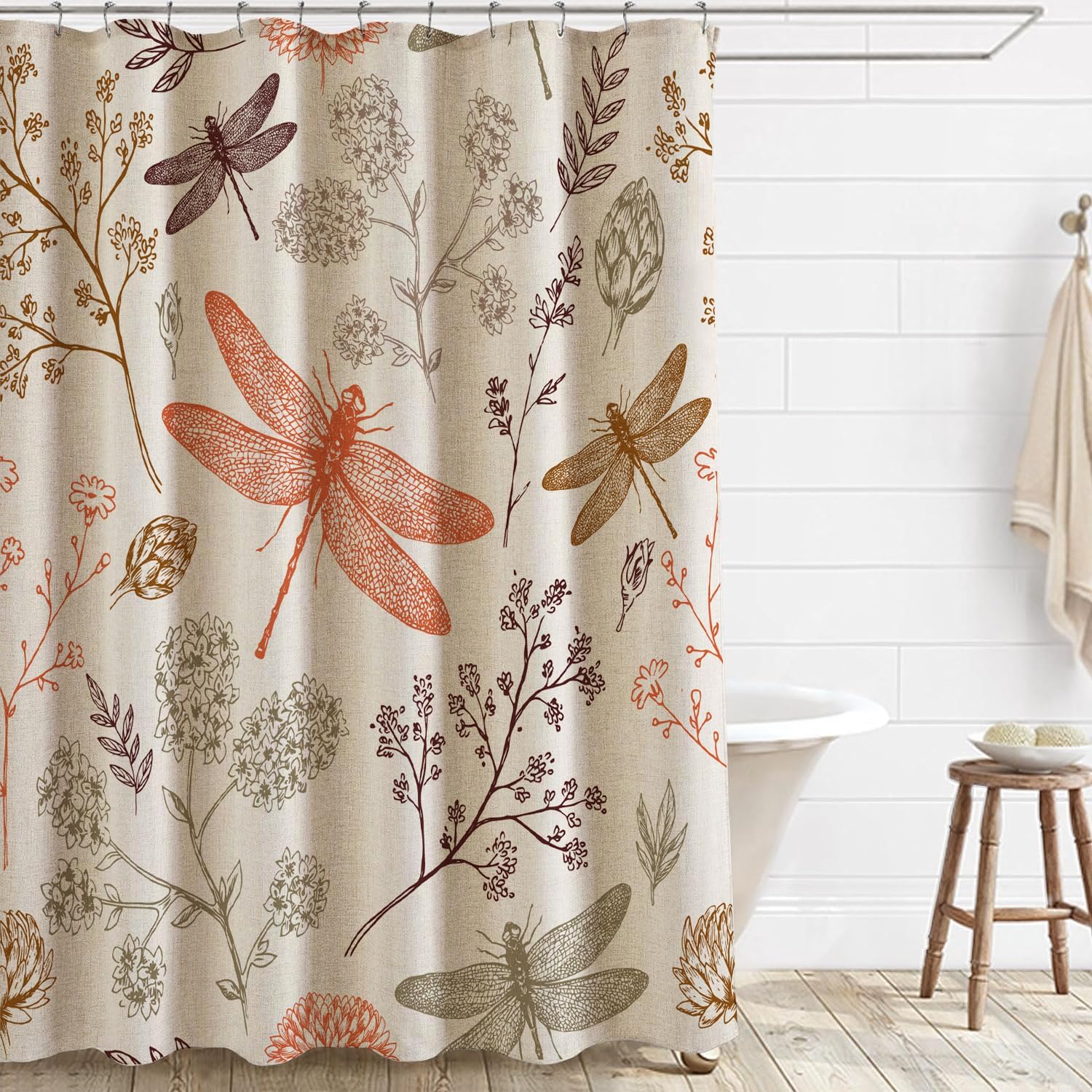 Botanical Linen Shower Curtain Aesthetic Dragonfly Floral and and Herbs Fabric Shower Curtain Set with Hooks, Plants Shower Curtains for Bathroom, 71x71 Bath Curtain
