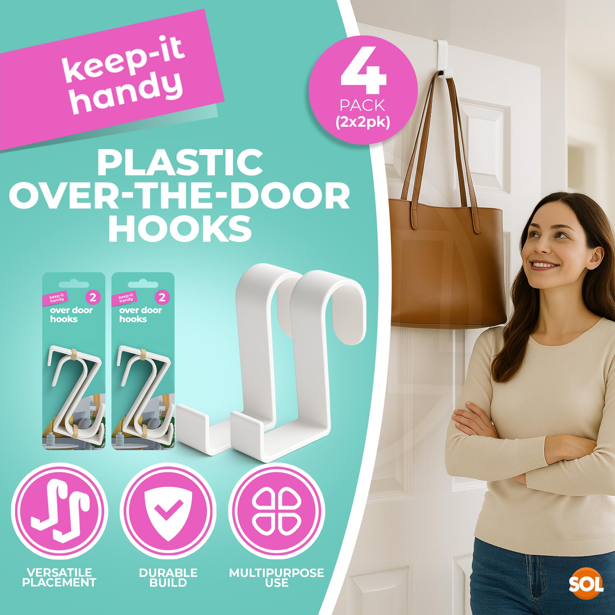 SOL 4pk Plastic Over Door Hooks Universal Hangers for Clothes Coats Towels Bags Space Saving Storage Solution for Home Bathroom Bedroom Office Organisation Lightweight Durable Design - Image 3