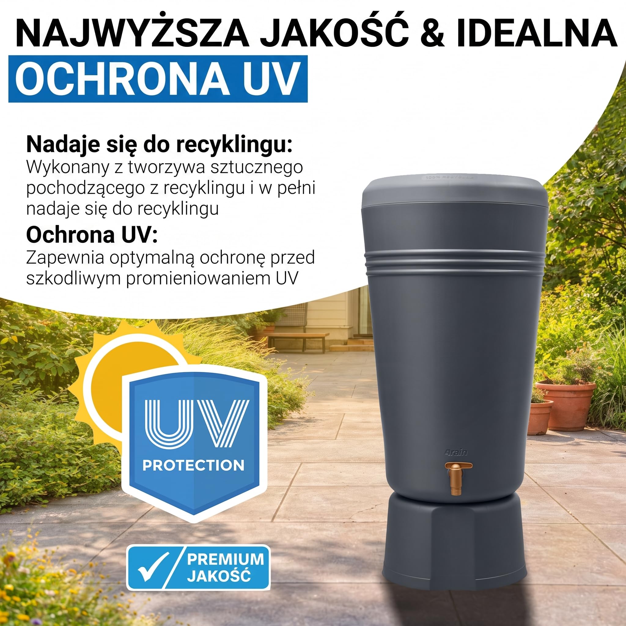 4rain AZURA 2w1 zbiornik na deszczówkę 120 l graphite grey | z misą na rośliny i podstawką