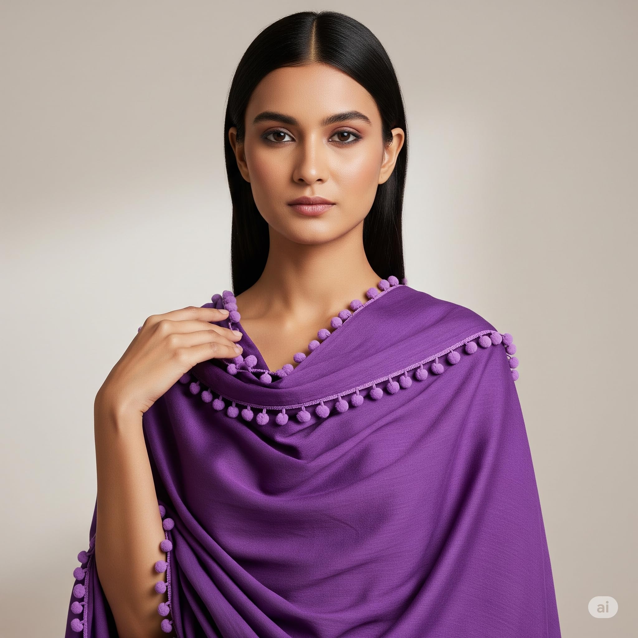 VinodRatna Women Pure Solid Cotton Dupatta With Pom Pom Border 2.25m (Light Purple, 2.25m) - Image 2 thumbnail