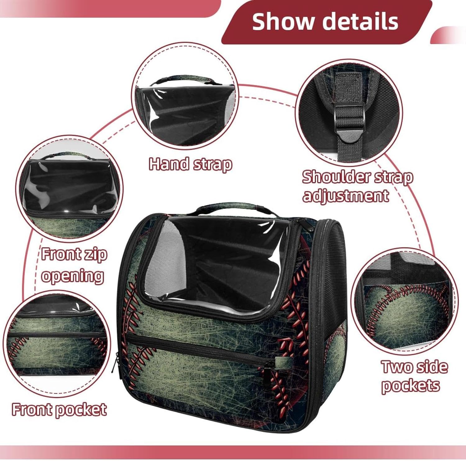 Portable Travel pet Backpack Carrier Hamster Bag Small Dog cat Carrier Breathable Hang Bag, Baseball Ball Background