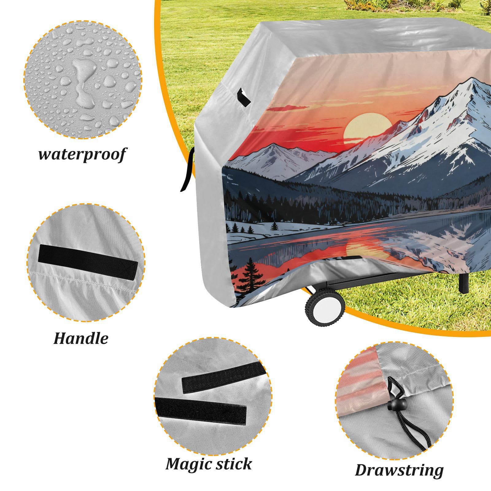 Mountain Sunset Lake, pokrowiec na grilla, 158 cm, wodoodporny, wytrzymały, odporny na rozdarcie, odporny na blaknięcie materiał, pokrowiec na grilla z regulowanym sznurkiem chroniący przed kurzem i