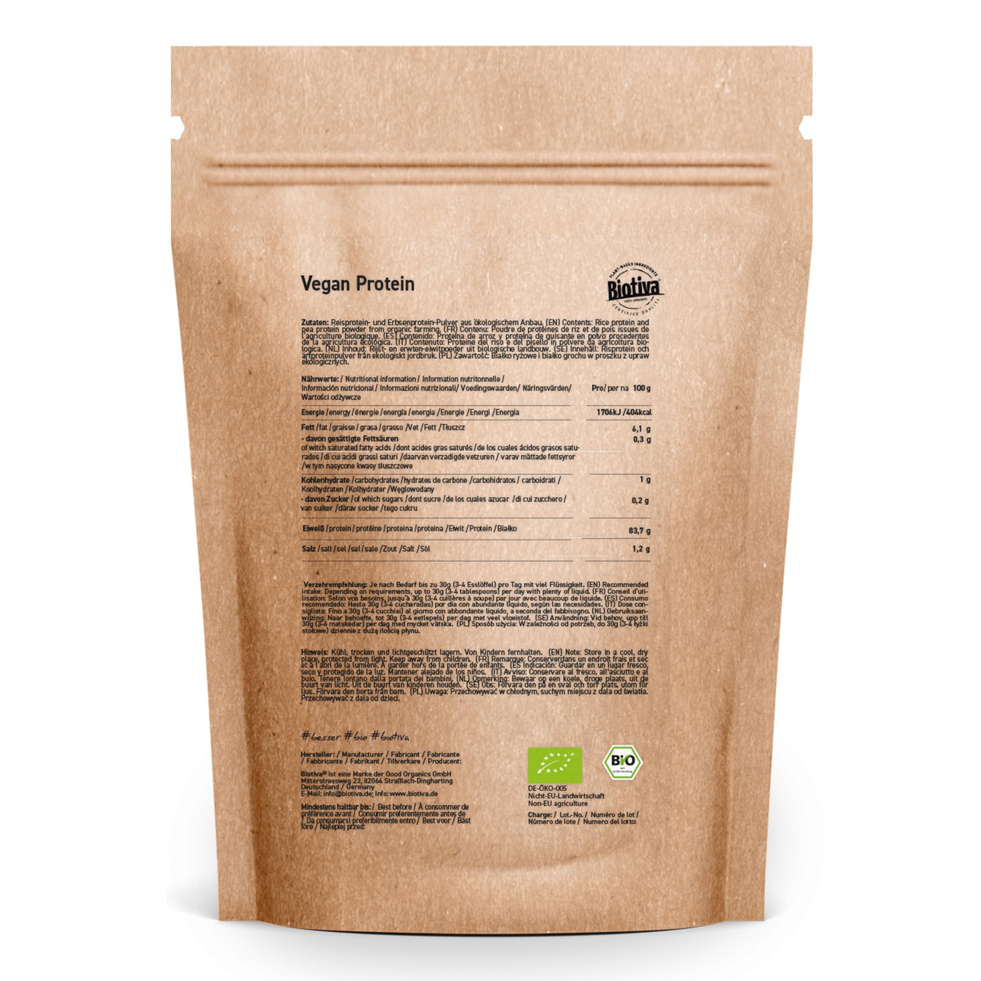 Vegan Protein Pulver Bio - 83% Protein - ohne Soja - Erbsen- und Reisprotein - 23g Eiweiß je Dosis - Vegan - Abgefüllt und kontrolliert in Deutschland - Biotiva
