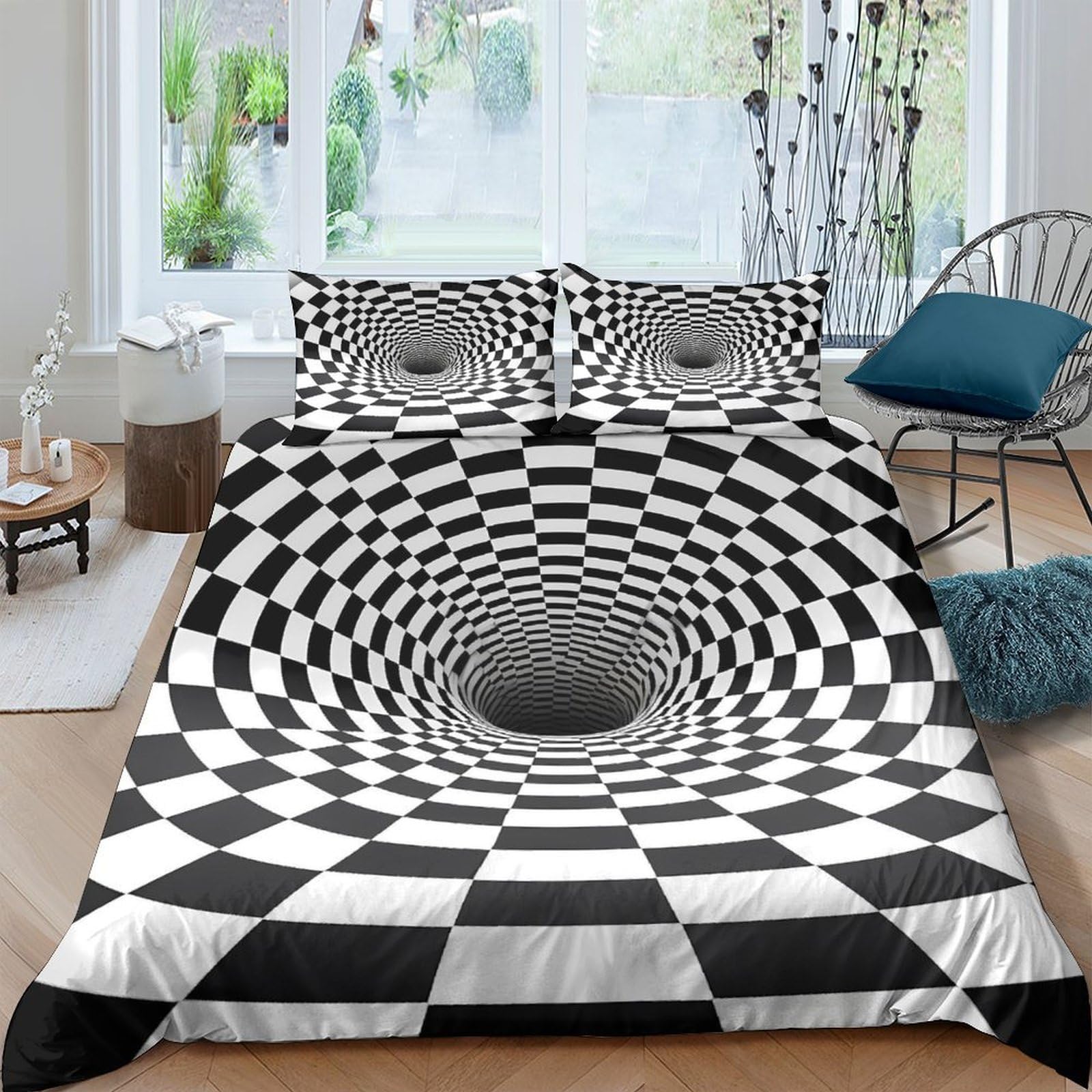 Ctjqhvkz Style-6 3D Printed Optical Illusion Fitted Sheet Microfiber Black White Vortex Bed Cover Bedroom Decor Anti-Slip Washable Single（135X200cm）