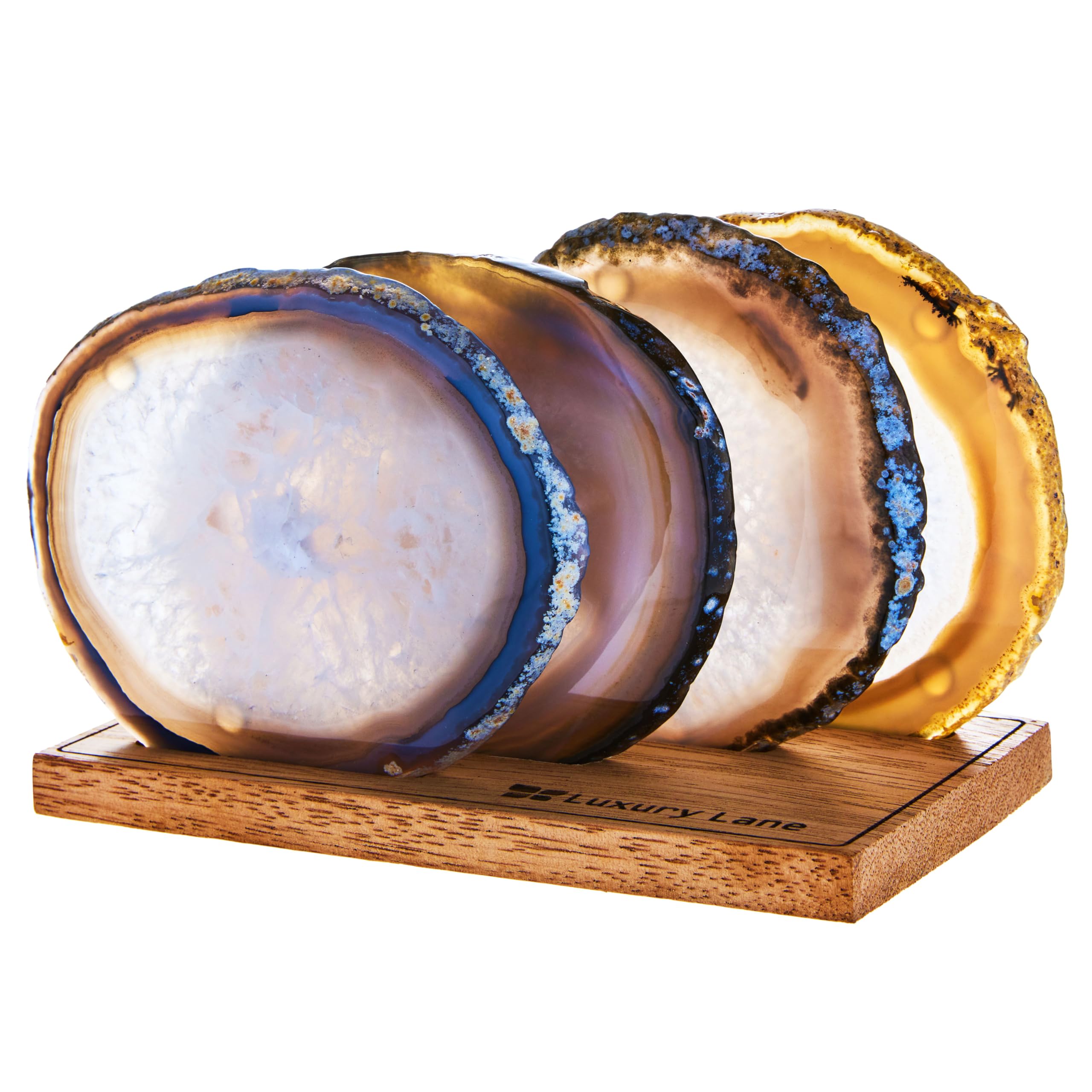 Luxury Lane Set of 4 Large Natural Brazilian Agate Slice Geode Rock Stone Drink Coasters with Wood Holder 4.3-4.7 inch Centerpiece Table Decoration,