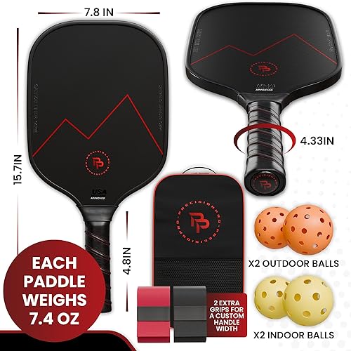 Miniatura 4 de Precision Pro Paleta de pickleball de fibra de carbono de alta calidad, juego de 2 palas de pickleball de 0.555 pulgadas con asas de diseño único y