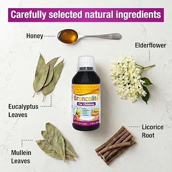 BRONCOLITO Honey Syrup for Kids, 8 fl oz - Elderflower Syrup with Licorice Root, Mullein Leaf, Eucalyptus and Lemon Propolis Extract - Sambucus Dietary Supplement for Bronchial Wellness