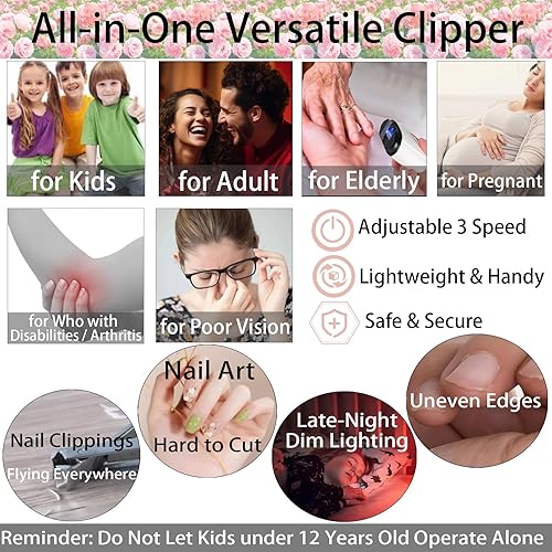 Miniatura 3 de Cortaúñas eléctrico 2 en 1 con luz, recortadora automática de uñas para niños con almacenamiento de clip, filer recargable de uñas ajustable, 3