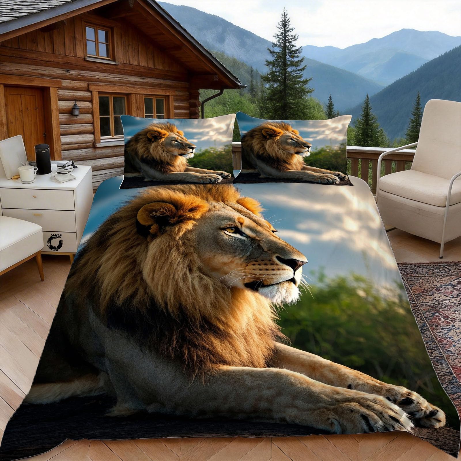3D Super King Duvet Set 3D Printed Lion Bedding, Savanna Animals Soft Microfibre Duvet Cover Sets Quilt Cover and Pillow Set with Zipper 3 Pcs