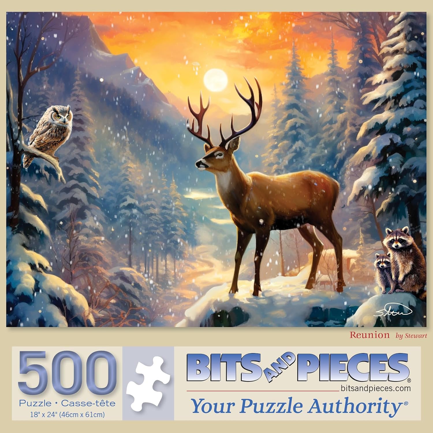 Bits and Pieces – Reunion – Winter Forest Wildlife Jigsaw Puzzle for Adults – Snowy Deer, Raccoons, and Owl Scene by Shawna Stewart (500 Piece Puzzle)