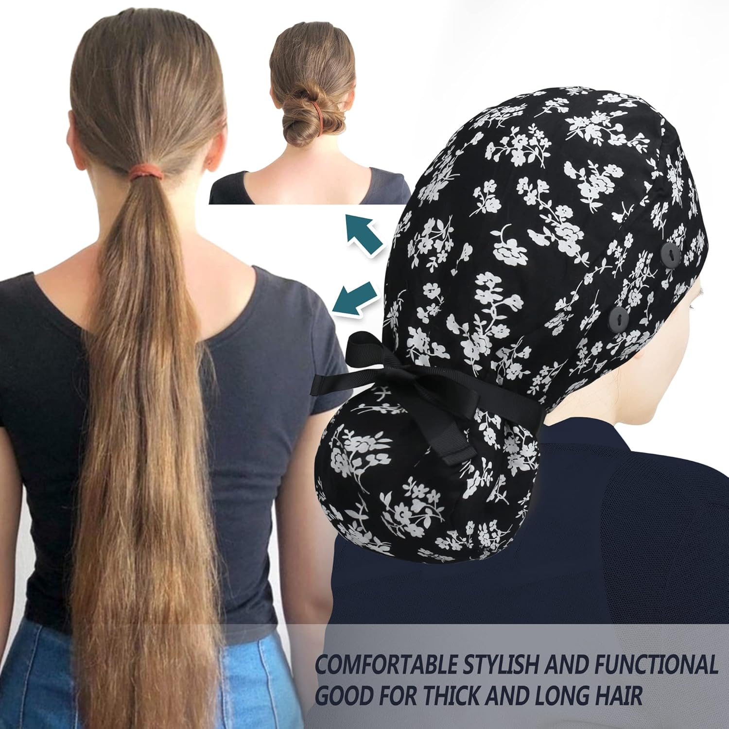 ABAMERICA Scrub Caps for Women Surgical Caps Nurse Hat Functional Ponytail Holder for Long Hair Single or Satin-Lined - Image 3