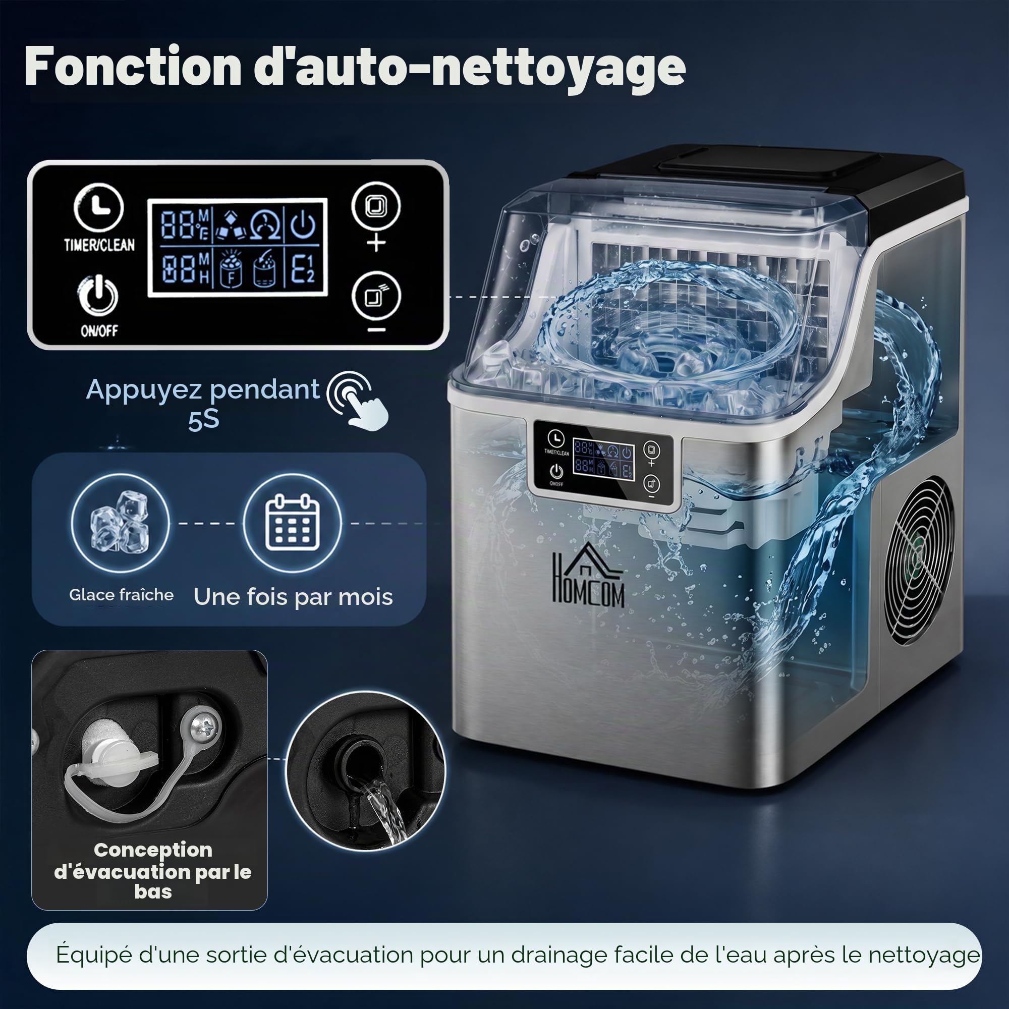 HOMCOM Machine à glaçons, Ice Maker en acier inoxydable 24 glaçons en 14-18 min., 20kg/24h, réservoir d'eau de 3,2L, préparateur de glaçons autonettoyant avec 2 types de remplissage d'eau, pour