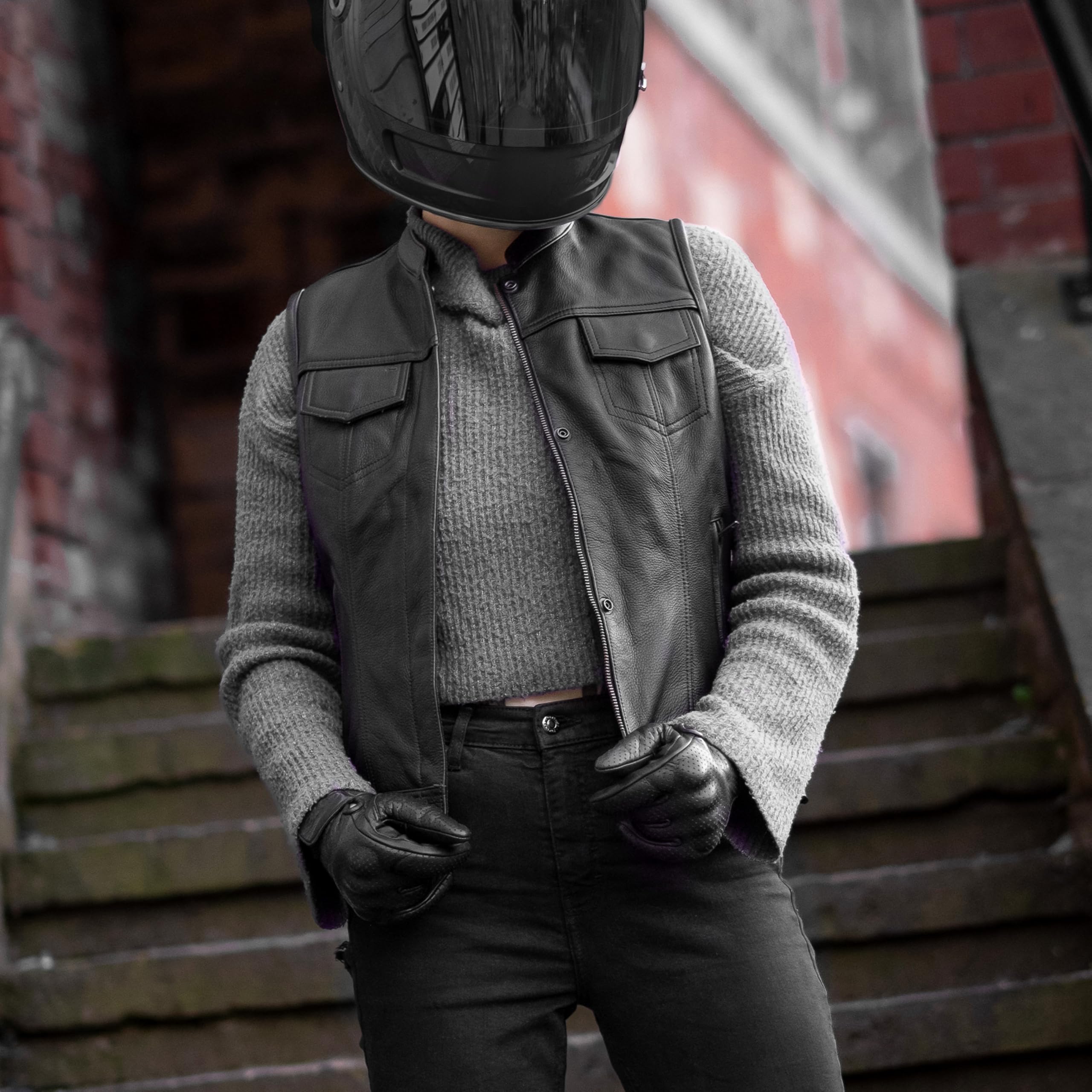 Leatherick Damen-Motorradweste schwarzes Leder Bikerweste weiches Futter verstellbar