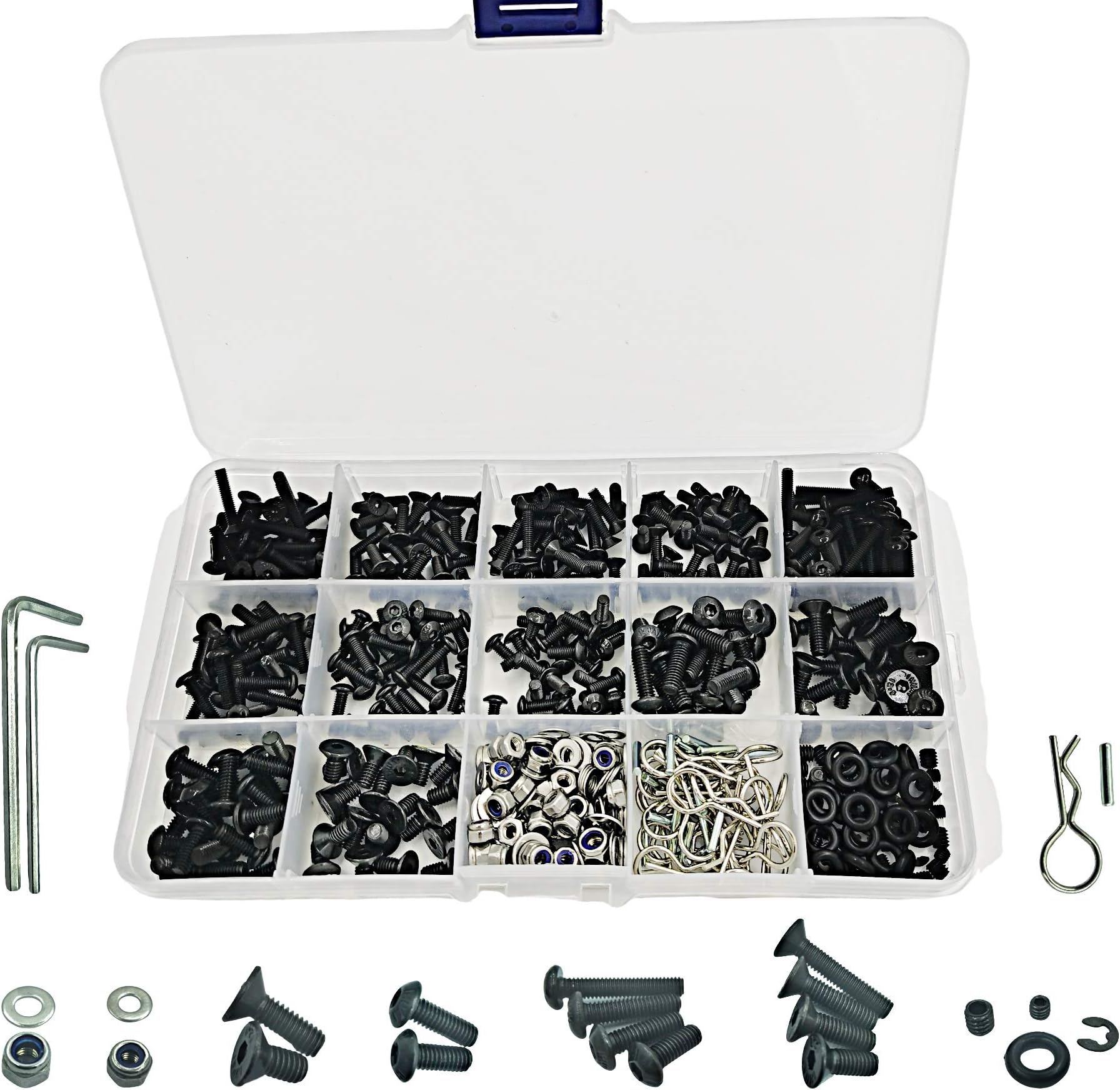 522PCS RC Screws Kit Reapir Tool Box Set Hardware Fasteners RC Hobby Universal Spare Accessories for Traxxas Tamiya Axial Redcat HPI SCX10 Losi 1/8 1/10 Scale RC Cars Crawler Parts