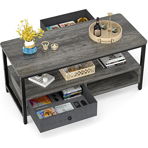 Coffee Table with Storage Drawers, Grey Coffee Table for Living Room, Metal Frame, Easy Assemble, Gray Oak