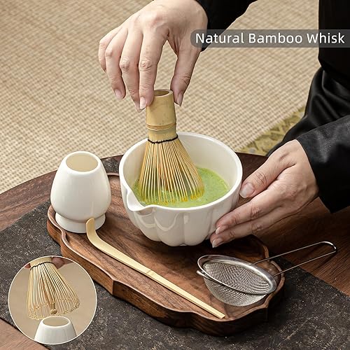 Miniatura 3 de Juego de batidor de matcha, juego de matcha incluye cuenco de cerámica para matcha, batidor de bambú, cuchara, soporte para Chasen, tamiz, kit