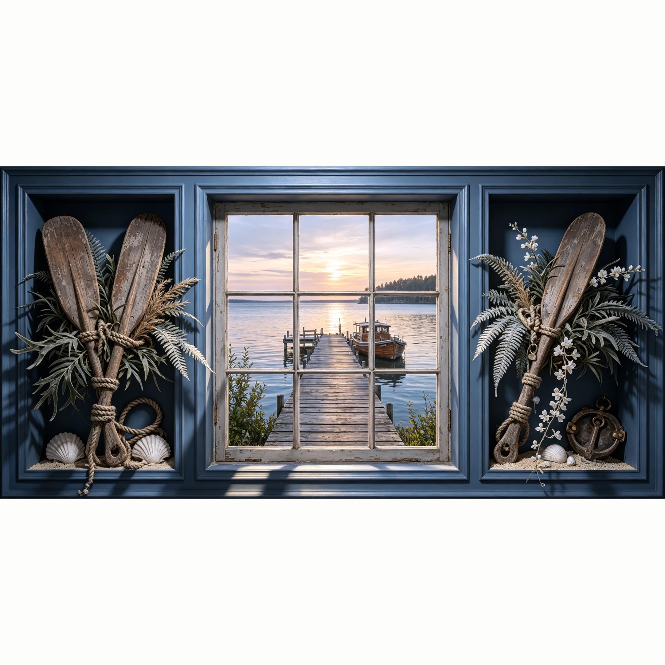QZLITHOTIC 50x100cm 3D Framed Wall Art， Coastal Lake Pier Sunset Boat Self‑Adhesive Mural， Water‑Activated Peel & Stick Fabric Decor Wall Decal for Bedroom Living Room